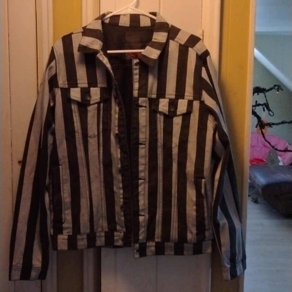 Beetlejuice goth grey and black striped jean jacket mens steampunk goth punk
